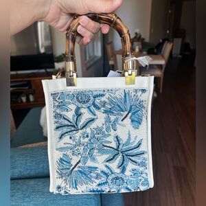 NWT Viral White & Blue Beaded Bag with Round Bamboo Tote Handles from Marshall’s